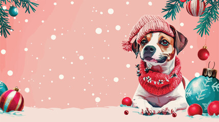 Cute dog in funny clothes and with Christmas balls on