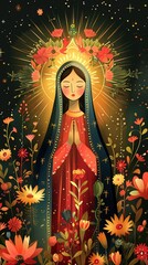 Radiant Virgin Mary in Floral Garden, Serene Virgin Mary Illustration
