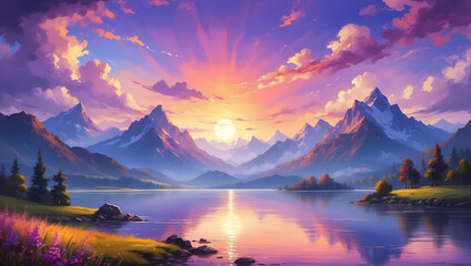 Artistic concept of painting a beautiful landscape of wild nature, with flowery meadows in the background. Tender and dreamy design, background illustration