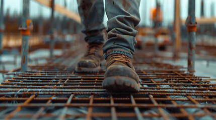 Close up of worker walking on metal platform at construction site 