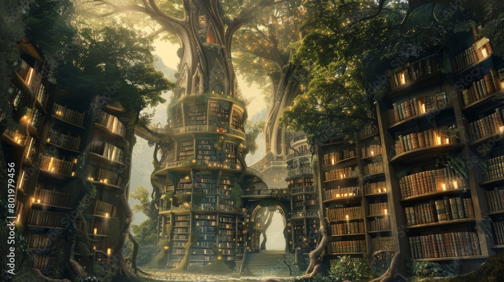 Poster hidden within the heart of a sprawling forest a breathtaking library crafted from the enchanting tre