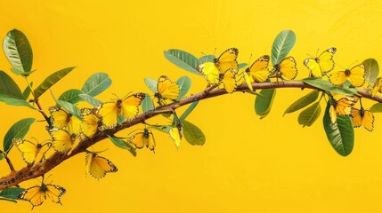  A branch adorned with yellow butterflies and verdant leaves atop a sunlit yellow backdrop
