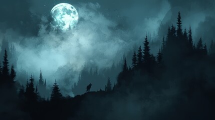   A man atop a forested hill, under the full moon's backdrop