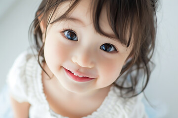 Cute Japanese baby girl with big eyes looking at the camera and smiling happily wearing white on a white background with high definition photography in a closeup of her face with soft 