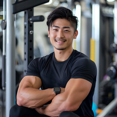 Japanese Male Personal Trainer Smiling with Gym Background