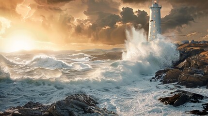   A lighthouse painted in the heart of a vast waterbody, waves relentlessly crashing against the rocky shore