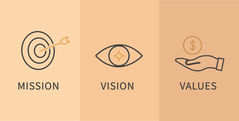 Mission, Vision and Values icon. Business success concept. Organization mission. flat line icon. Vector illustration
