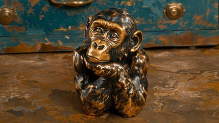  Monkey figurine on floor beside chest with open drawer behind