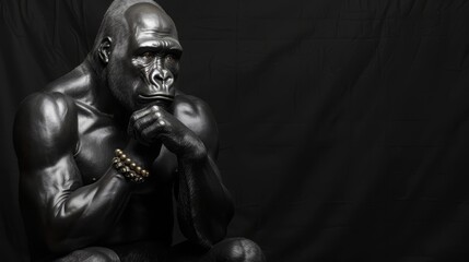   A man in a gorilla mask sits in a chair, hand on chin, chain encircling neck