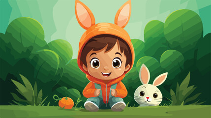 Cute little boy in bunny ears with toy carrot on green