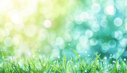 Obraz premium Blurred sunny spring meadow with gradient from blue sky to green grass, defocused bokeh background