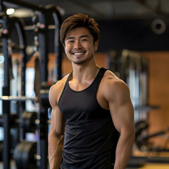 Fototapeta premium Japanese Male Personal Trainer Smiling with Gym Background