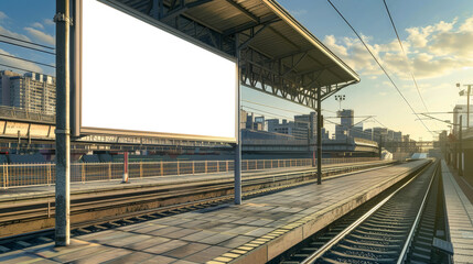 A modern city scene featuring an empty billboard situated above a train track. Mockup