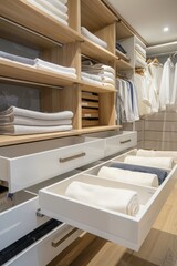Closet with towels and other clothes in modern dressing room interior