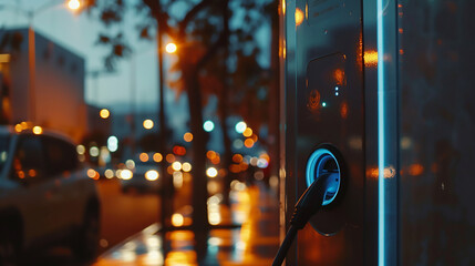Electric car charging station downtown sustainable city twilight soft LED lighting close-up...