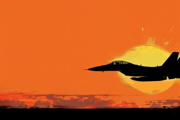 A fighter plane soaring through a fiery sunset