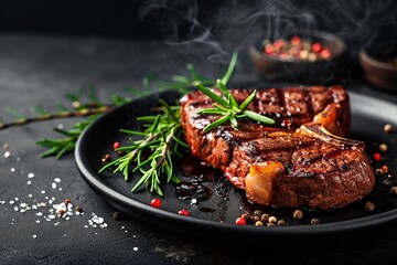 Juicy grilled steak with rosemary and smoked pepper
