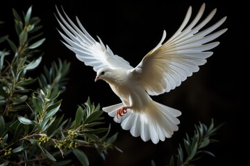 White dove or pigeon with olive branches
