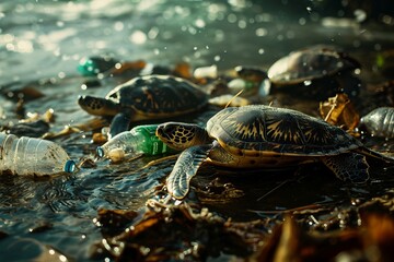 Obraz premium Turtles swim in the ocean or sea among plastic bottles and garbage. Concept of plastic water pollution and environmental problem of ocean, environment 