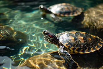Beautiful close portrait of a turtle swimming in clear water in the ocean or sea
