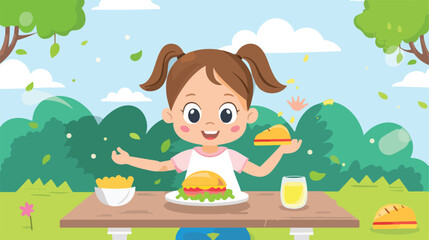 Cute little girl having school lunch outdoors Vector