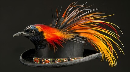 Obraz premium A tight shot of a bird perched atop a hat, adorned with feathers both above and below its brim