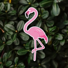 Fototapeta premium A sticker of a pink flamingo atop a green plant, surrounded by a bush