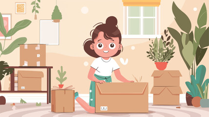 Cute little girl unpacking parcel at home Vector illustration