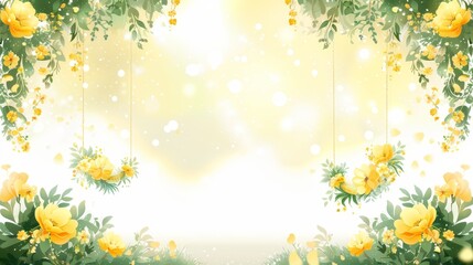   A white background featuring a floral arrangement with yellow blooms and lush green leaves, providing an empty space for text or image insertion