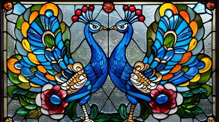   A tight shot of a stained glass window, featuring two peacocks at its center, encircled by blooms