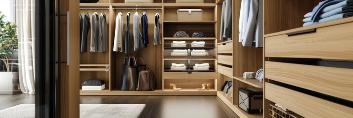 Obraz premium Closet with towels and other clothes in modern dressing room interior