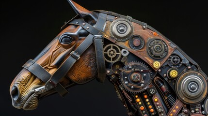   A close-up of a horse's head, composed of various assorted pieces