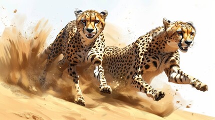   Two cheetahs dash through sun-kissed sand; a blue sky overhead completes the scene