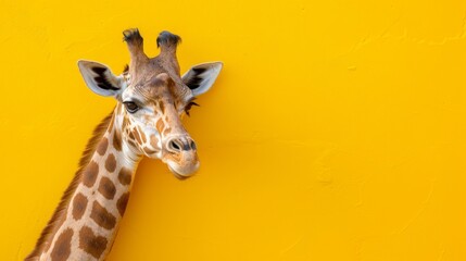   A tight shot of a giraffe's head and neck, positioned against a sunny yellow backdrop, distinctly featuring its black nostrils