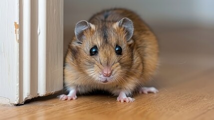   A tight shot of a small rodent on a weathered wood floor, near a door with a pristine white doorframe