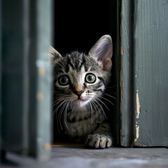   A small grey-and-white kitten gazes out through a door, its paw resting on the door handle