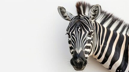 Fototapeta premium A tight shot of a zebra's head against a white backdrop, featuring its black and white stripes