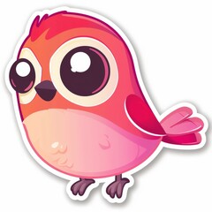   A sticker featuring a pink-orange bird with large eyes and a black beak, against a pristine white backdrop