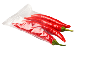 Three Vivid Red Peppers Dancing in a Crinkly Plastic Bag on a Clean White Surface. On a White or Clear Surface PNG Transparent Background.