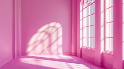 Modern pastel abstract backdrop for space perspective view with 3D pink wall in studio room. Minimal gradient scene mockup design template for showroom banner and sunlight.