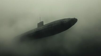   A black-and-white image of a submarine bobbing in the water on a foggy day, displaying a radio atop it