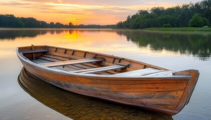 Tranquil sunset seascape with serene empty wooden rowboat on calm and still water