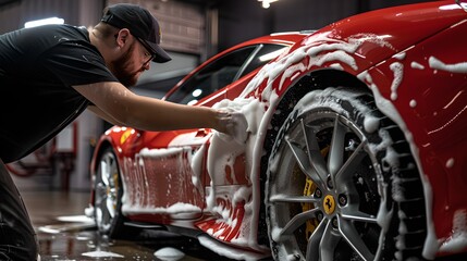 Hand car wash in action. Man carefully cleaning a luxury red car. Professional auto detailing and maintenance service. High focus on wheels and finishing. AI