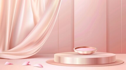 Modern illustration with satin texture of light peach color empty space. Fashion studio interior design. Banner template for cosmetics, beauty services.