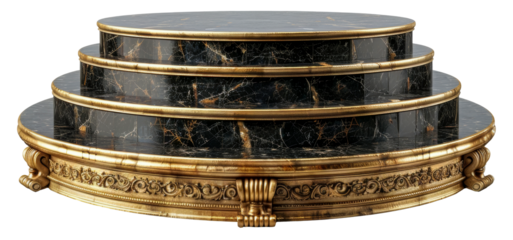 Luxurious black marble and gold pedestal with ornate details, cut out - stock png.