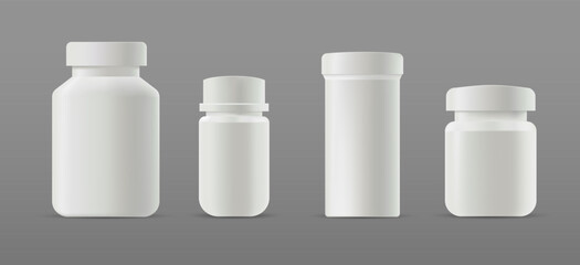 3d White Plastic Pill Bottle for Vitamin Supplement. Vector Pill Jar, Pharmaceutical Capsule Package Mockup, Medical Tablet Template. Realistic Sport Protein Canister.