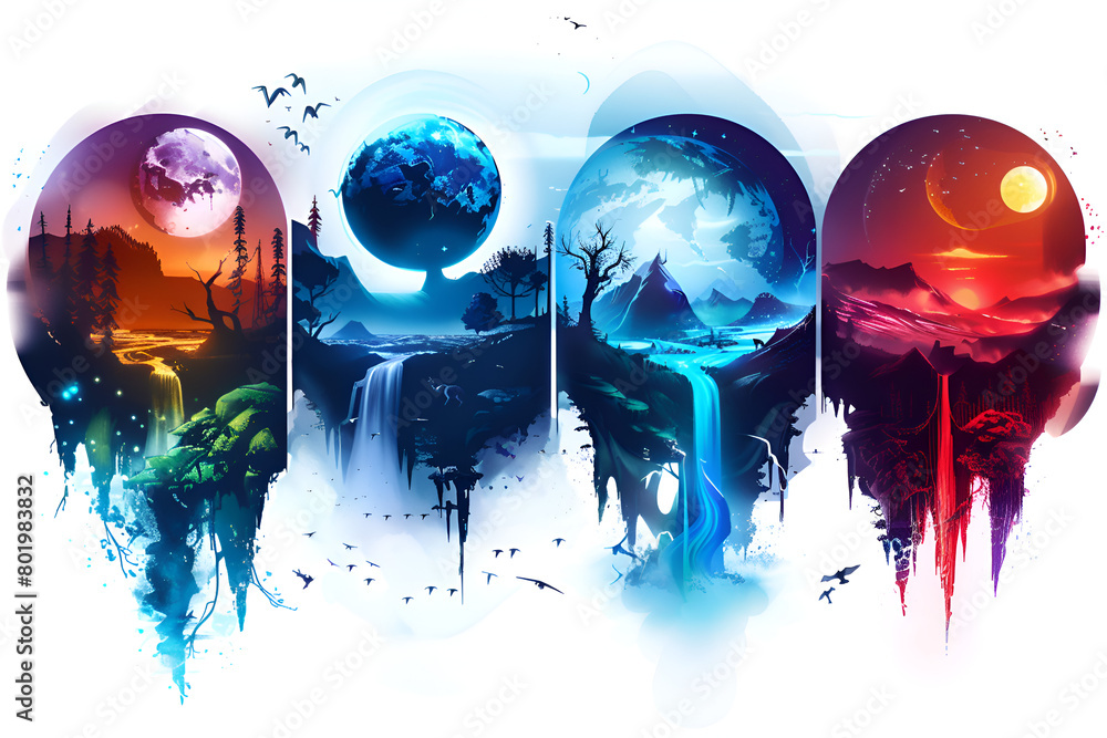 Poster four different colored planets with a moon in the middle. generative ai