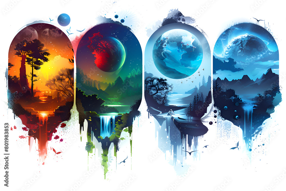 Poster four different colored planets with a moon in the middle. generative ai
