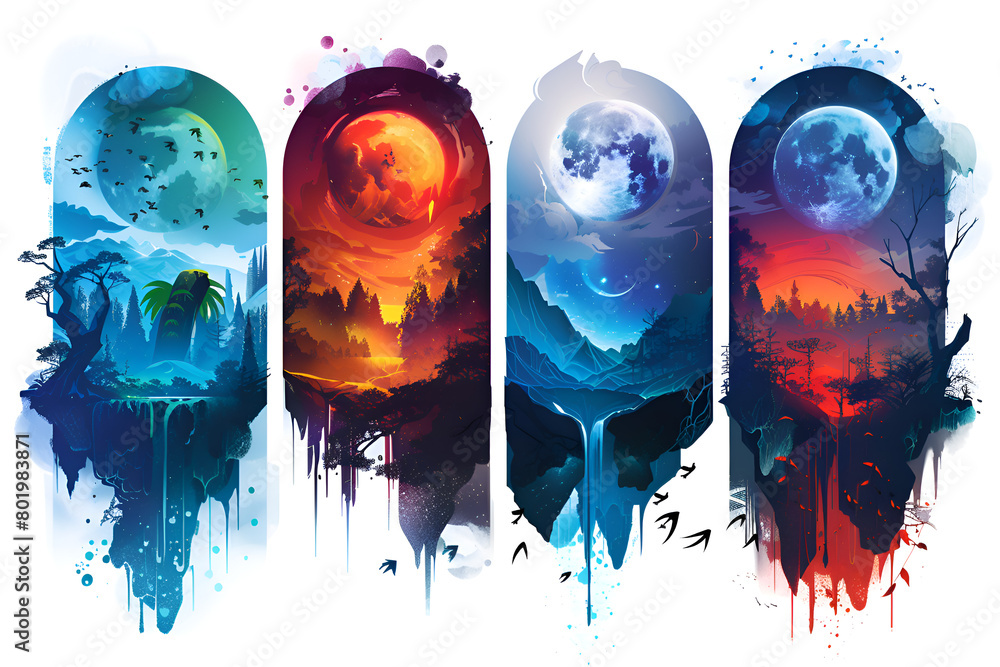 Poster four different colored planets with a moon in the middle. generative ai
