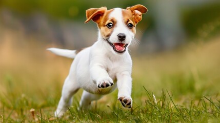 Playful puppy joyfully running on lush green grass, enjoying outdoor pet playtime